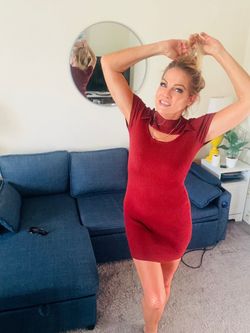 Rust colored Ribbed Knit Mini Dress with Choker Neck