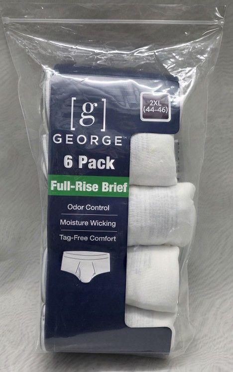 George 6 Pack Mens Full Rise Briefs 2XL 44-46 Odor Control Moisture Wicking New