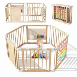 Wooden Playpen, Foldable Baby Playpen Fence Play Area w/ Gate 6/8/10 Panels