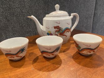 Mid Century Red Dragon Porcelain Teapot & Cups