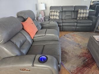 Comfortable Gray Leather Recliner Set With Lights