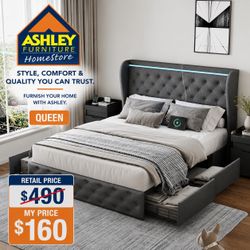 Brand new queen, luxury bedframe with four dresser drawers underneath the frame