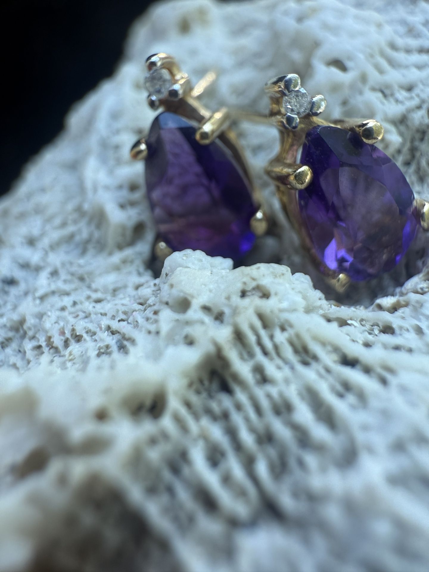 10K Gold Amethyst Teardrop Earrings with Diamond Accents - Vintage Purple Gemstone