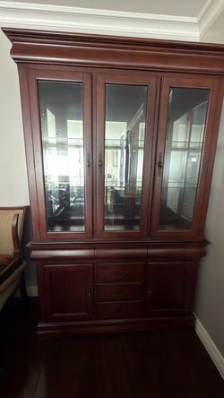Cherry Dining Set: Double Pedestal Table with Leaf, 6 Chairs, and Lighted China Cabinet