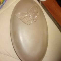 Vintage Frosted Glass with Butterfly Trinket Box Pink Rose Lid, Vintage Glass Trinket Box, Glass Jewellery Box,