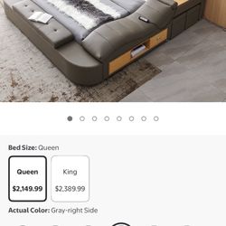 Multifunctional Queen Size Bed Base, Upholstered Storage Platform with Right-Hand Massage Recliner, Music Speaker, USB Charging Station