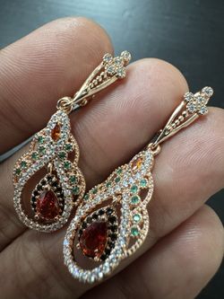 585 RG 14k Rose Gold Stamped Victorian Cross Jewel Dangle Stud Earrings