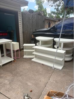 White book shelve, end tables, small table, prices listed below