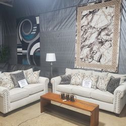 2 Pc Cream Color Sofa With Loveseat With Nailheads (New)