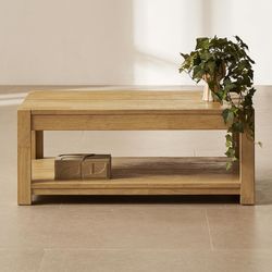 mopio Logan Solid Wood 2-Tier Rectangle Coffee Table, Modern Farmhouse Solid Rubberwood with Light Wire Brush L Shaped Leg Joint
