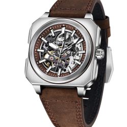 PAGANI DESIGN Skeleton Automatic Men's Watches 42MM leather strap brown