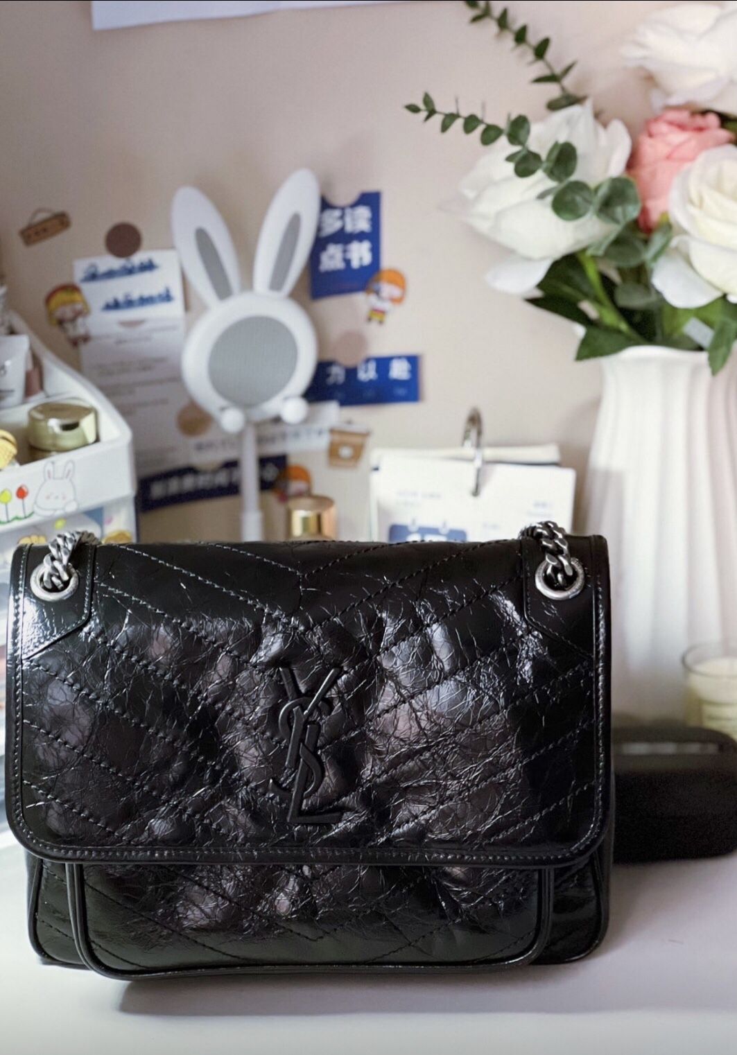 SAINT LAURENT YSL Niki Silver Chain Black Label Logo Vintage Pleated Calfskin Wandering Bag Crossbody Shoulder Bag(140)32