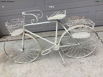 Bicycle plant stand & flower display with 4 baskets for pots wrought iron shabby chic white can repaint any color