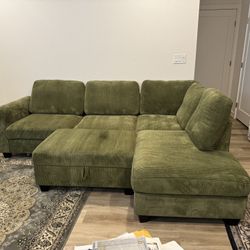 Green Corduroy Sectional Sofa with Storage Ottoman – Excellent Condition!