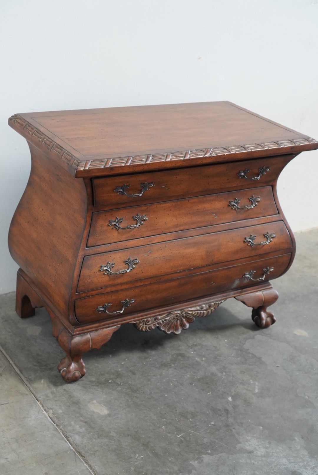Mahogany Bombe Chest with 5 Drawers - Vintage Handcrafted Bombay Dresser 1980s