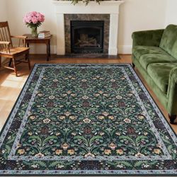 6x9 Nonslip Low Pile Washable Floral Area Rug, Black/Green, NEW