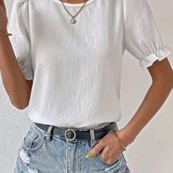 White Lace Insert Tie Back Puff Sleeve Blouse (Size Large)