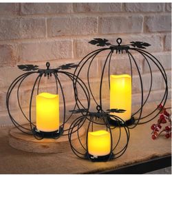 New 3 Pcs Halloween Pumpkin Candle Holder Black Metal Outdoor Pumpkin Lantern,Wrought Iron for Tea Light and Votive Flameless Candles,Thanksgiving Hal