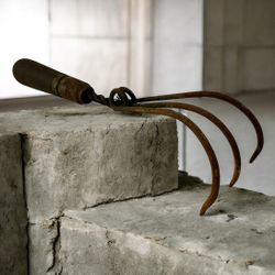 Antique Hand Forged 3-Tine Garden Cultivator Wood Handle Primitive Tool 