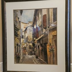 Marilyn Hageman Framed popular print depicting a narrow, charming European street scene. 