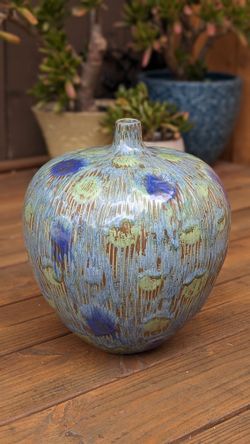 Vintage Mid Century Modern Peacock Colors Art Pottery Stoneware Vase