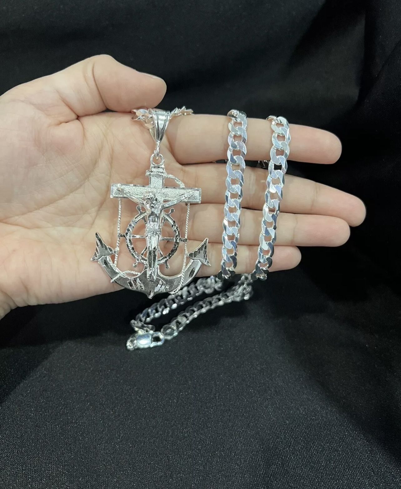 925 Sterling Silver Mens BIG Jesus God Crucifix Anchor & Curb Chain