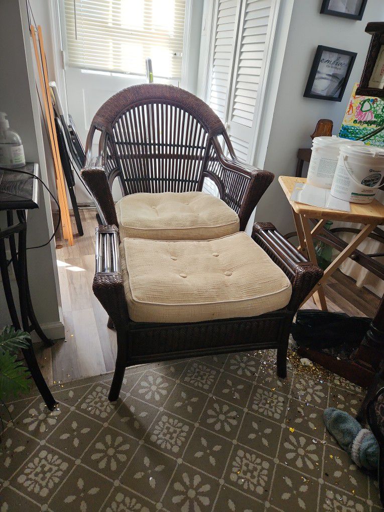 Wicker Lounge Chair (with Footstool and Cushions)