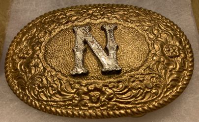 Vintage Metal Belt Buckle, Brass and Silver, Initial N, Letter N, Nice Western Design, 3" x 2", Heavy Duty, Quality, Thick Metal, For Belts, Fashion, 