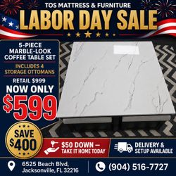 5-Piece Marble-Look Coffee Table Set with Storage Ottomans 🚚WE DELIVER🚚