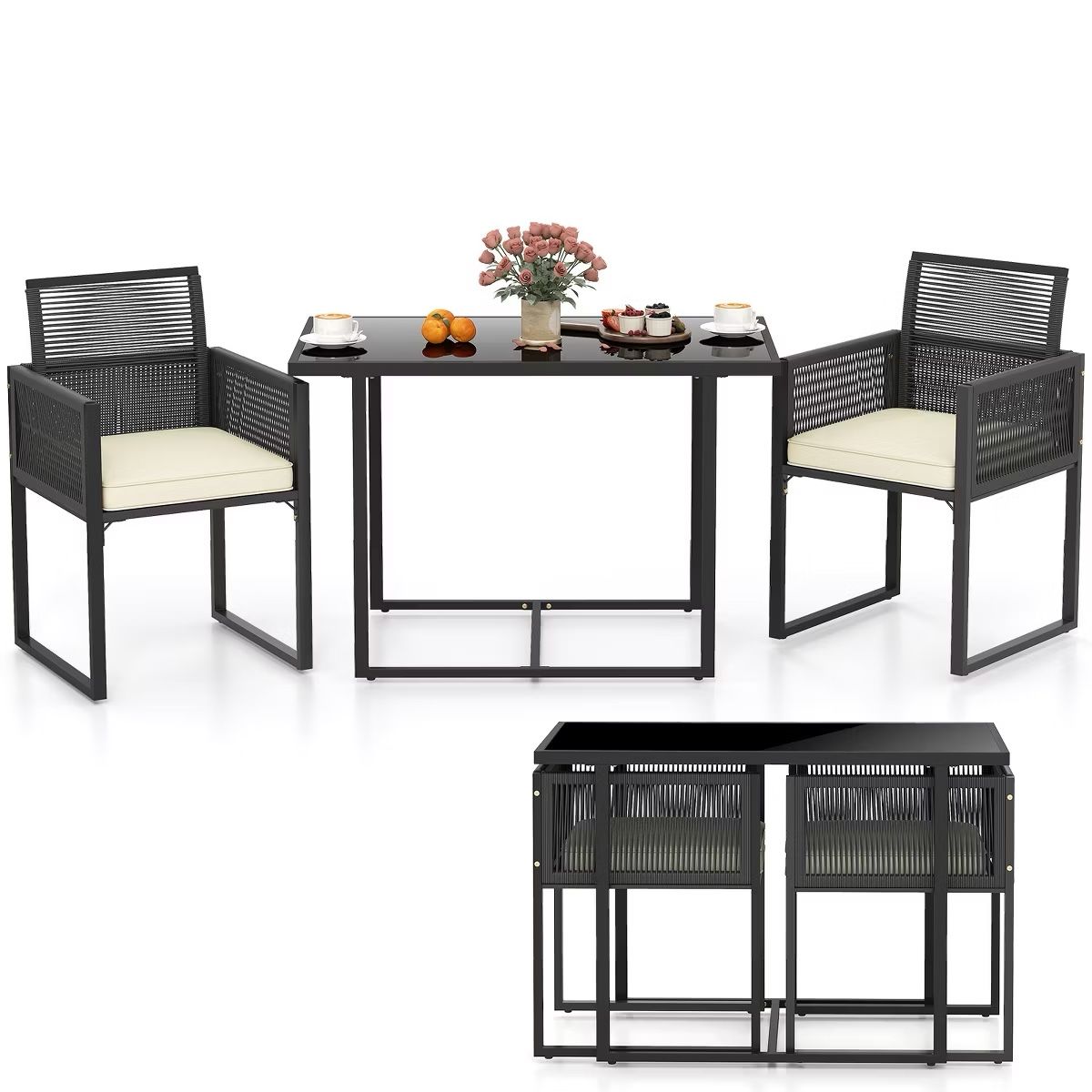 Tangkula 3 Pieces Outdoor Dining Set, Patio PE Rattan Furniture Set with Folding Backrest, Cozy Seat Cushions, Tempered Glass Tabletop, Space-Saving R