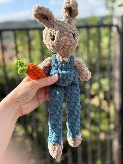 Bunny In Blue Overall With Carrot 🐰 🥕 Handmade 🧶 Crochet 🧶 Plushie 