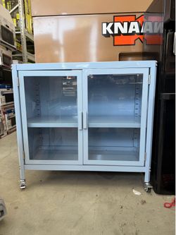 Metal blue storage cabinet.
