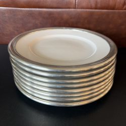 8 Vintage 85% Pewter Rimmed Dinner Plates 10 3/8” no other markings except the 85% stamped in rim These came from the Mother of a Doctor friend of our