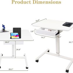 🥨CLATINA Mobile Laptop Standing Desk, Height Adjustable Teacher Podium with Lockable Wheels, Adjustable Work Table with Drawer, Computer Cart Overbed