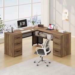 HSH Large L-Shaped Home Office Desk With Drawers/ Rustic L-Shaped Computer Desk With Storage 