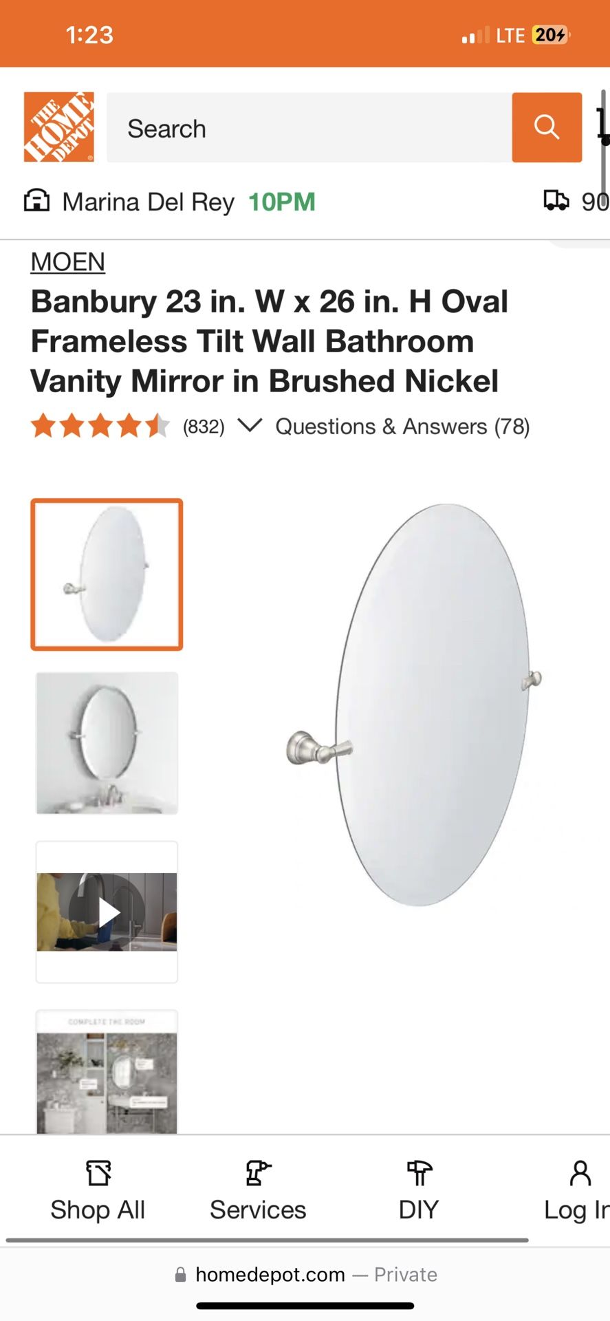 MOEN Banbury Oval Frameless Tilt Bathroom Vanity Mirror - 23” X 26” in Brushed Nickel