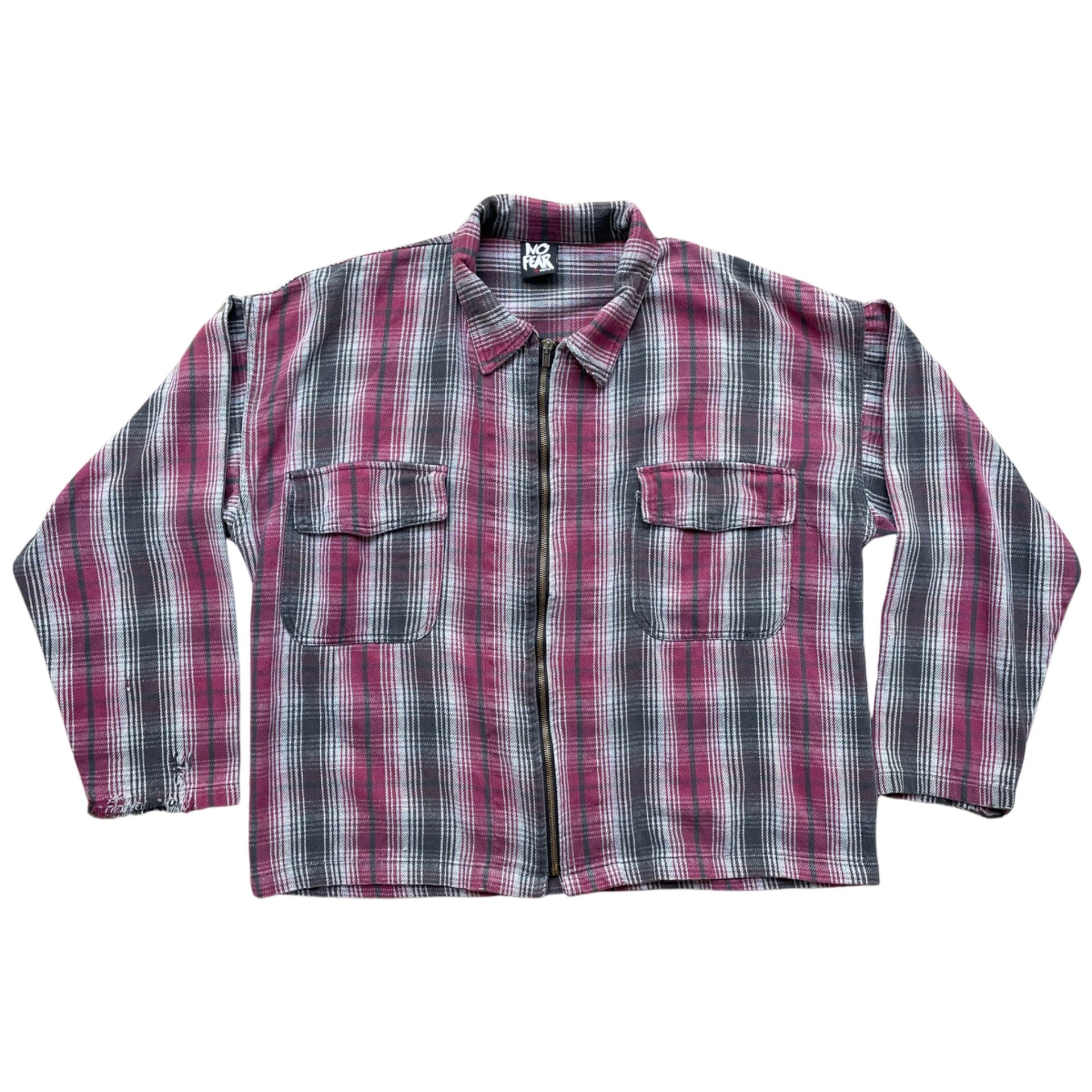 Vintage No Fear Zip Up Plaid Flannel Shirt Size XL