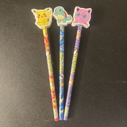1999 Pokemon Rose Art 3 Pencil And Eraser Set Pikachu, Jigglypuff, Squirtle