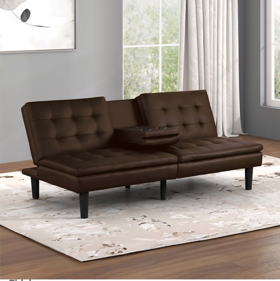 Futon Sofa Bed Brown Faux leather, Drop Down Table W Cupholders. New Especial Price