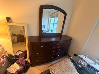 Dark Wood Dresser with Mirror and Nightstand
