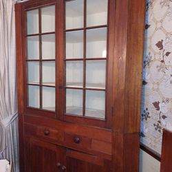 Antique Missionary Style Wood 16 Panel Corner Cabinet