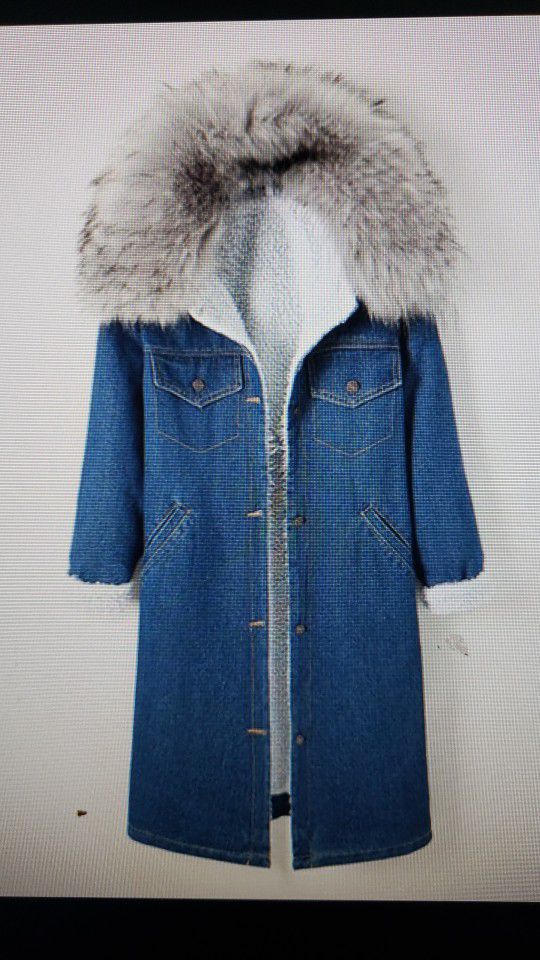 Dark Blue Faux Fur-Collar Long Denim Jacket