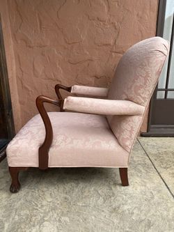 Queen Anne Arm Lounge Chair with  Pink Blush Damask Fabric