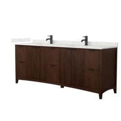 Wyndham Collection Palmilla 84 in. Double Freestanding Dark Walnut Bath Vanity with Giotto Quartz Top Assembled