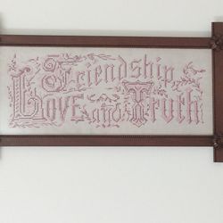 Needlepoint Friendship Love and Truth Cross Stitch In Antique Eastlake Carved Rose Corners Frame, Lodge Decor