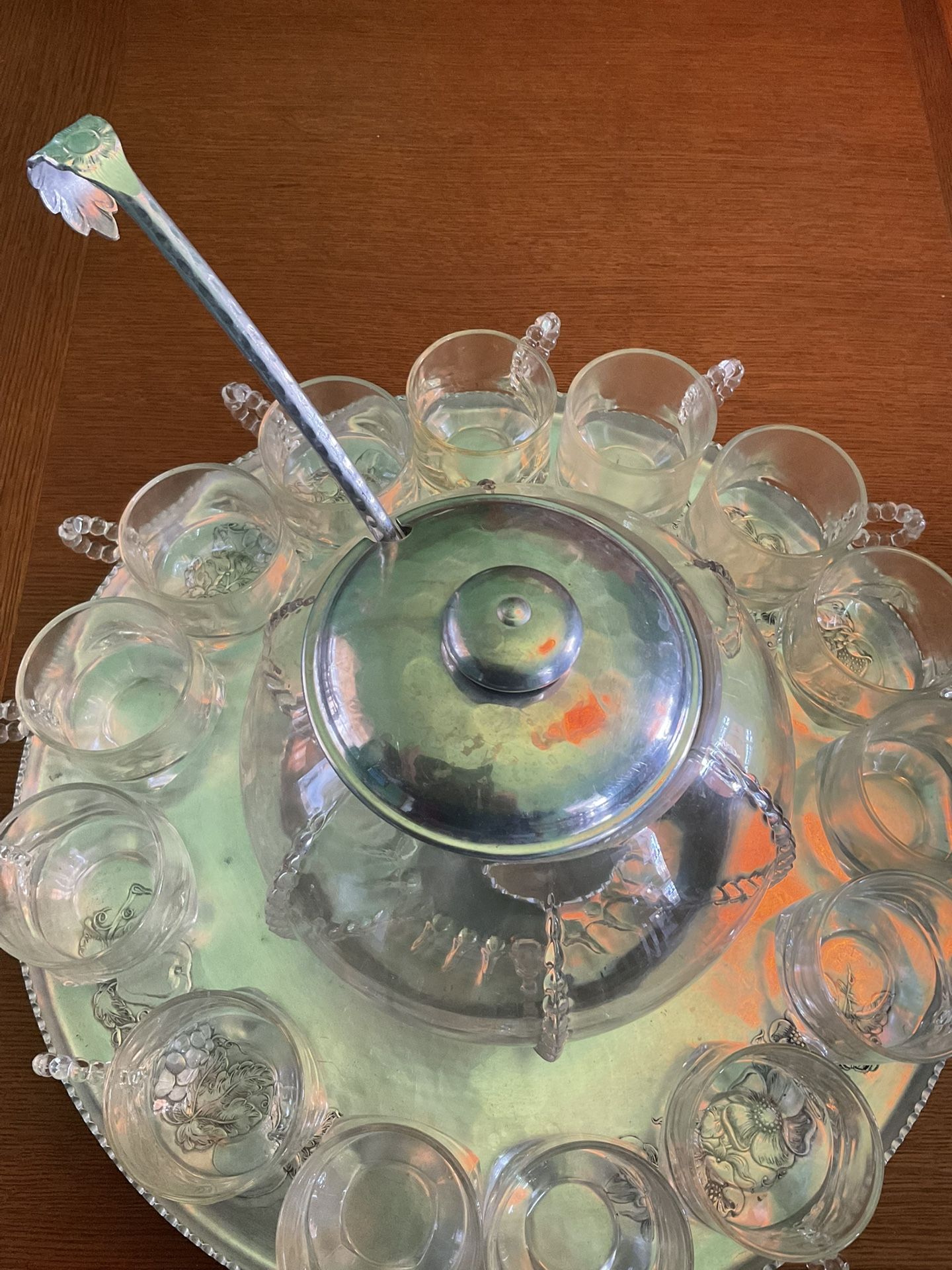 Vintage Punch Bowl With Lid, Ladle And Tray Plus 14 Glass Cups