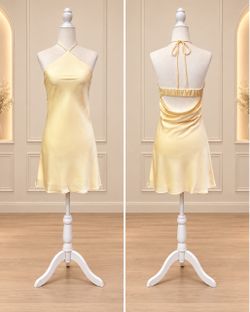 Butter Yellow Satin Halter Mini Dress 💛 Open Back Dress