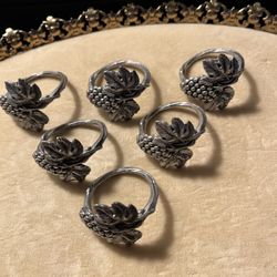 Vintage 95% Pewter Grape Cluster Leaf And Vine Napkin Rings Set Of 6