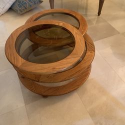 Mid Century Modern Three Tier Oak and Smoked Glass Swivel Coffee Table