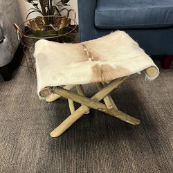 Southwestern Deer Hide Mini Stool Wood Collapsible Chair White Fur 14” Tall 20” Wide Footstool